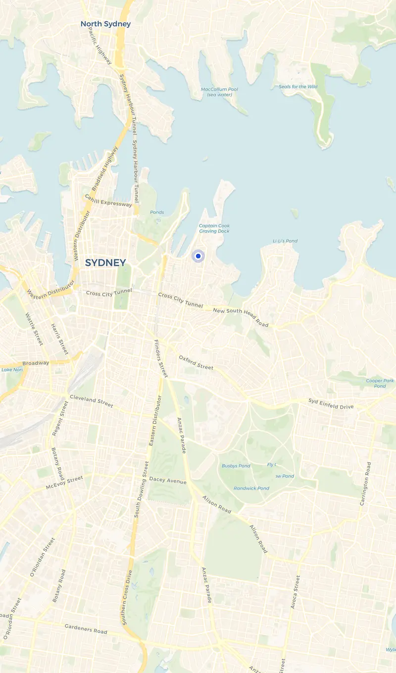 Map of the Potts Point service area and the surrounding suburbs we cover.