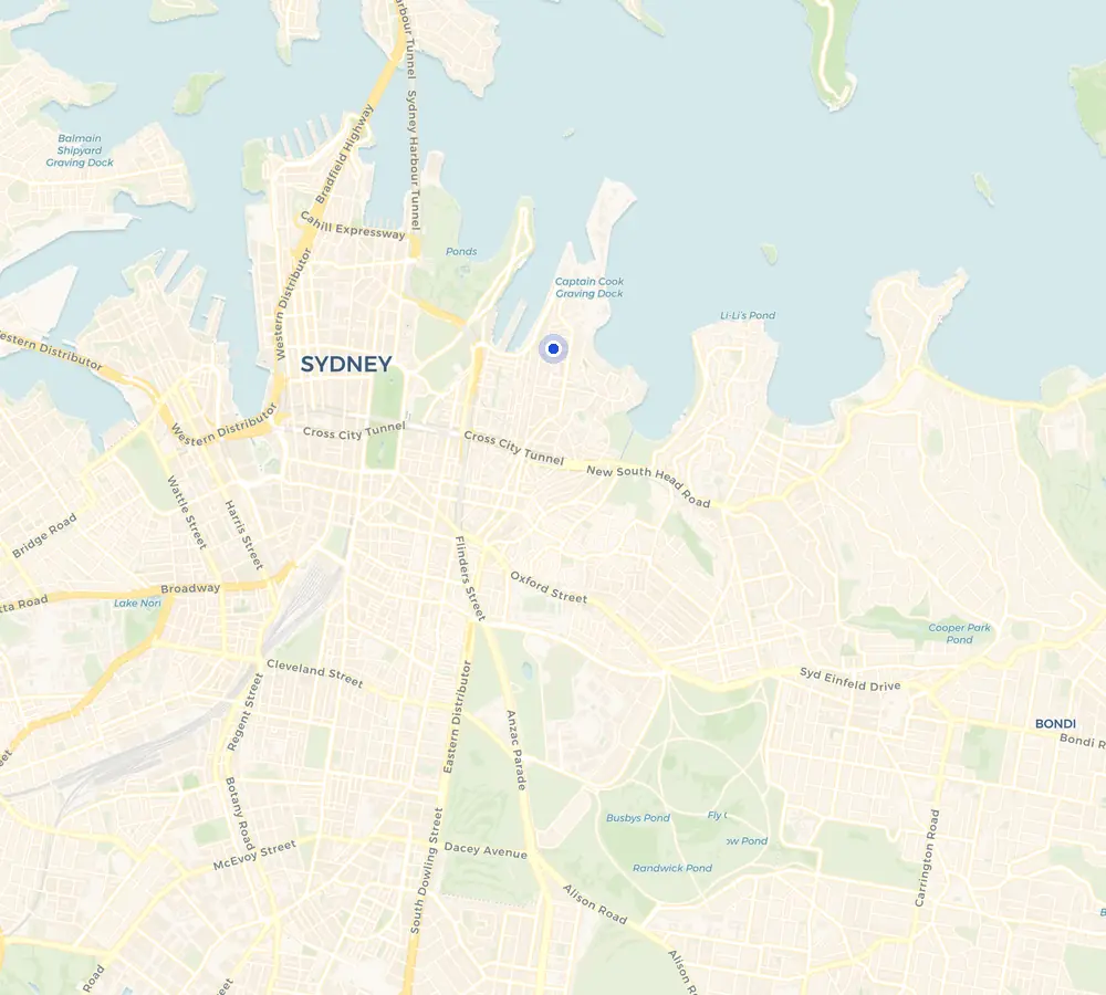 Map of the Potts Point service area and the surrounding inner city, showing Potts Point and the nearby streets we cover.