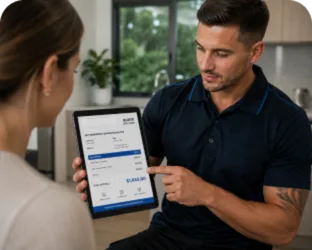 Plumber showing a Potts Point customer the quote on a tablet