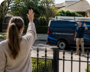 Customer waving goodbye to a plumber in Potts Point